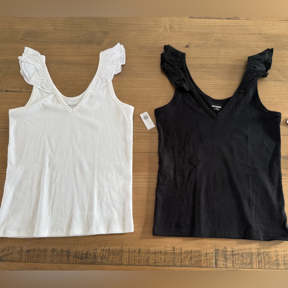 Old Navy Black and White Ruffle Sleeve Tank Tops